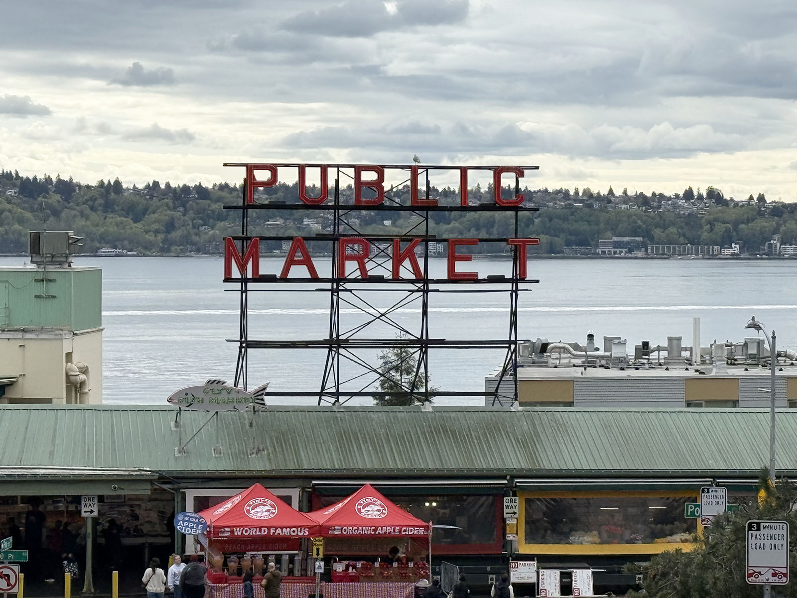 Signage above Pike Place Market in Seattle, Washington