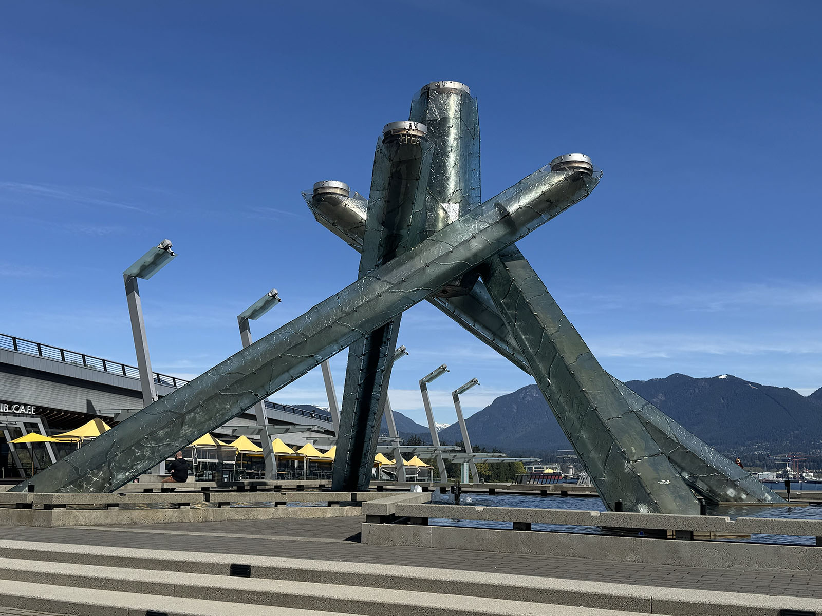 The Vancouver Olympic Cauldron that was used during the 2010 Games on display at Jack Poole Plaza
