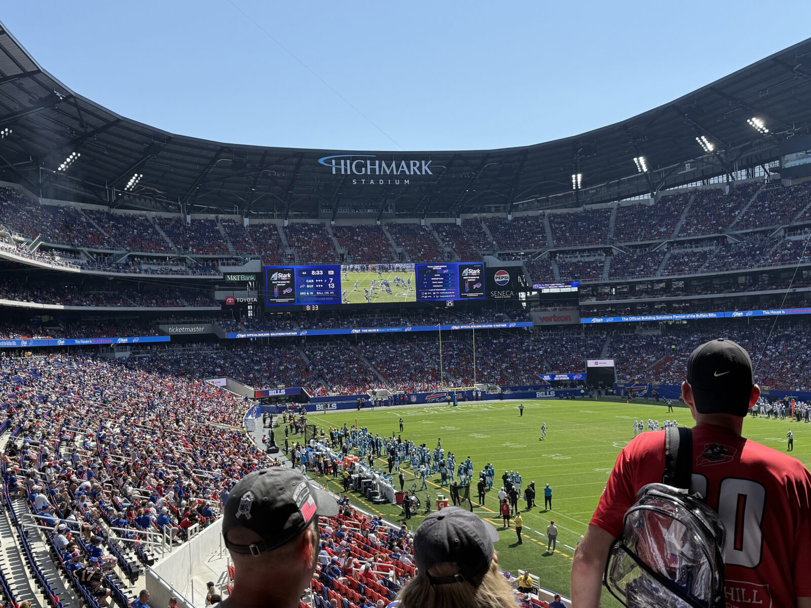 Buffalo Bills fans look out onto the field at Highmark Stadium in Orchard Park, New York