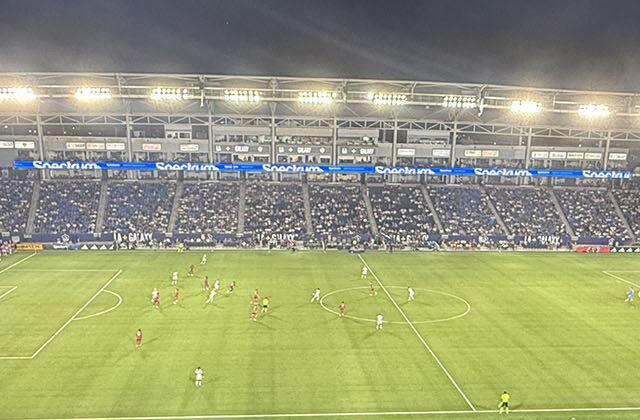 Panoramic view of Dignity Health Sports Park in Carson, California, during an LA Galaxy soccer game