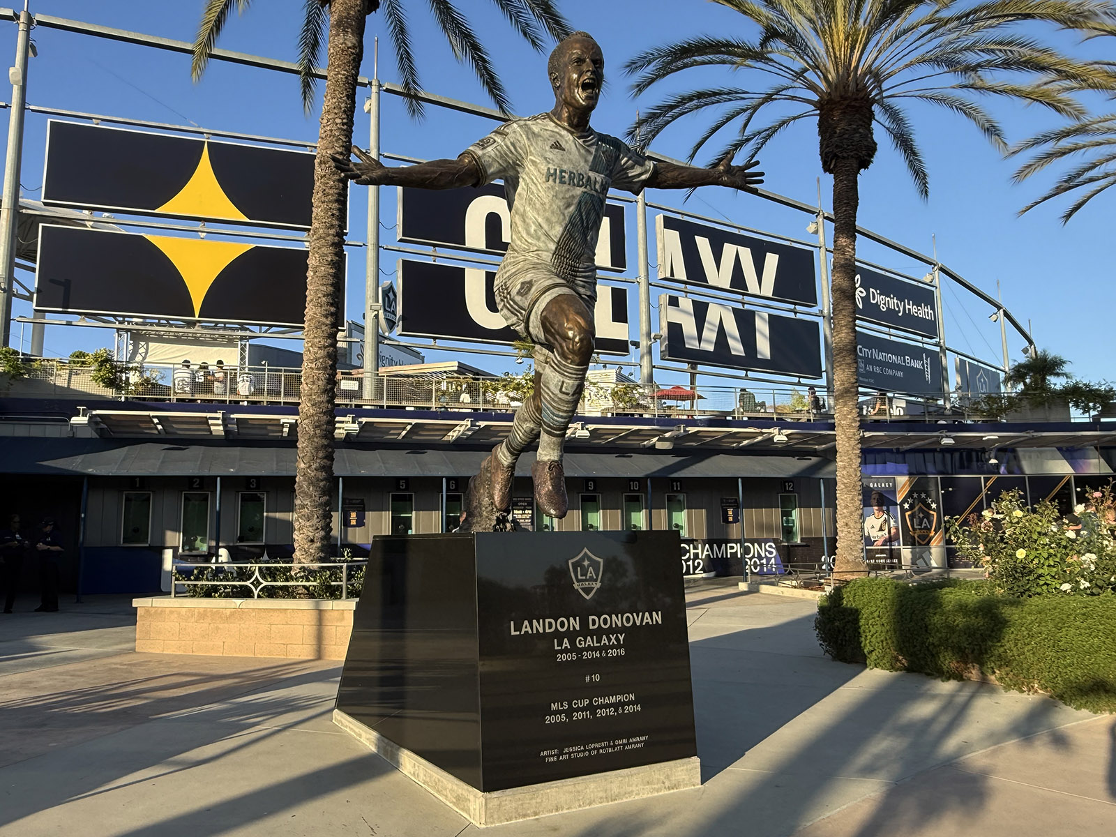 A statue of Galaxy legend Landon Donovan stands outside Dignity Health Sports Park in Carson, California
