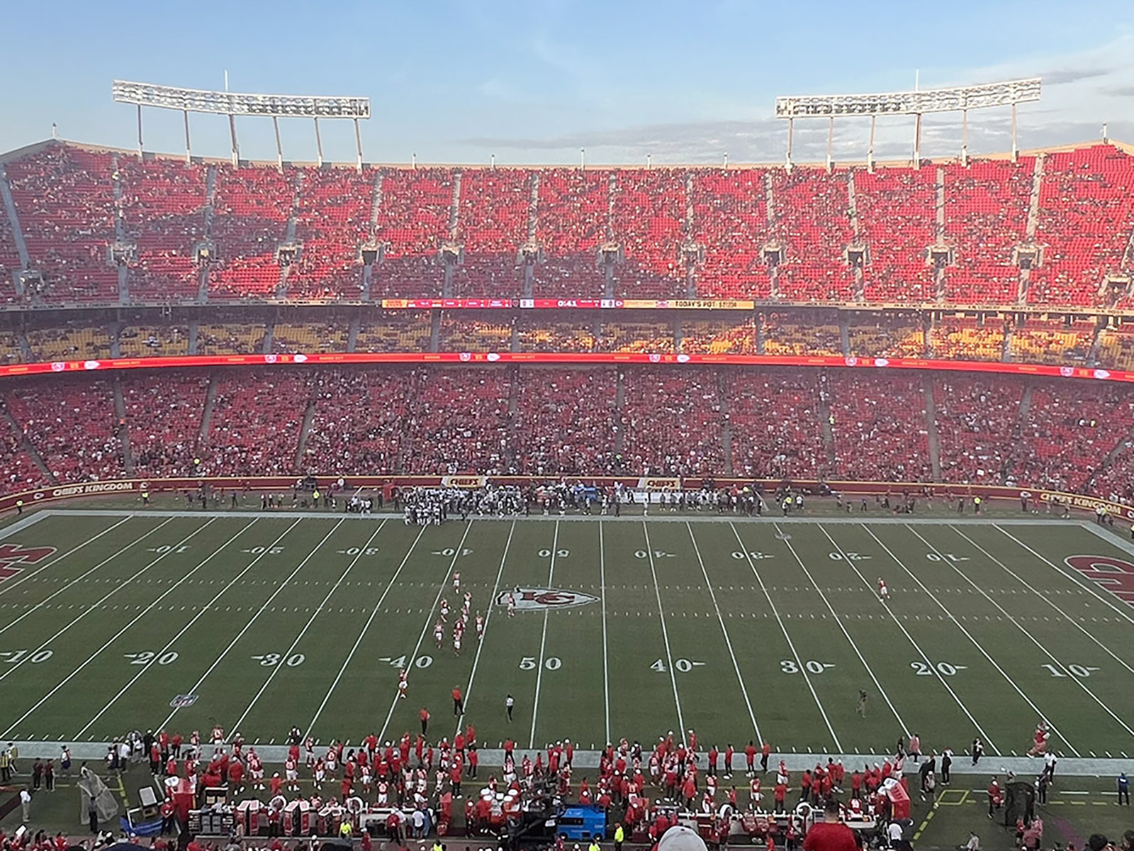 View of the field at GEHA Field at Arrowhead Stadium in Kansas City, Missouri, during a Chiefs football game