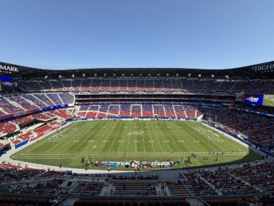 View of the seating bowl and field at the new Highmark Stadium in Orchard Park, New York, during a Buffalo Bills football game