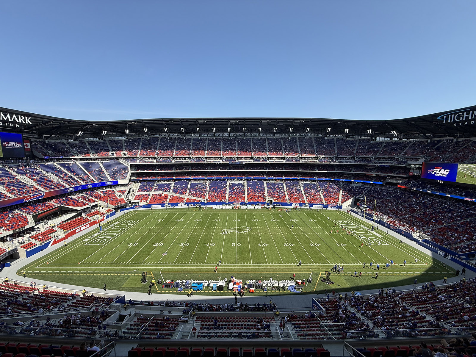 View of the seating bowl and field at the new Highmark Stadium in Orchard Park, New York, during a Buffalo Bills football game