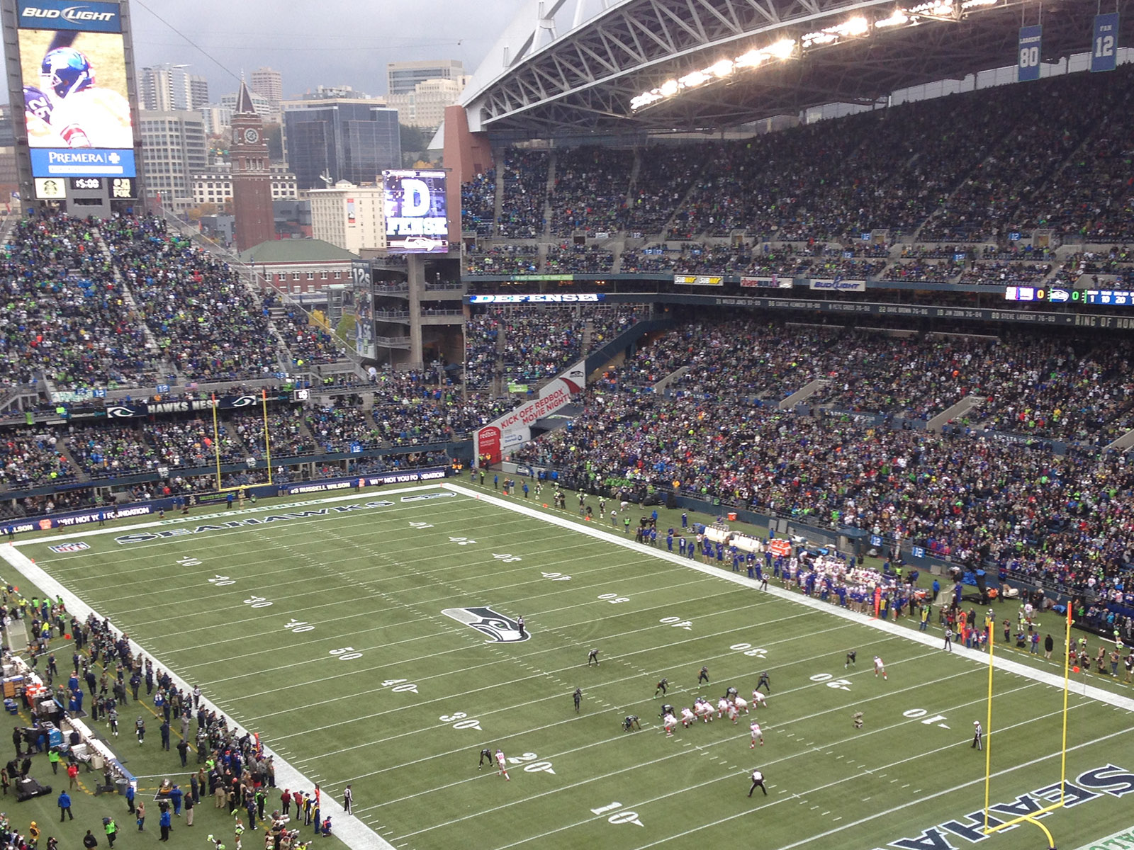 View of the field and seating bowl at Lumen Field in Seattle, Washington, during a Seahawks football game