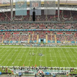 Panoramic view of the field at Wembley Stadium in London, England, during an NFL football game