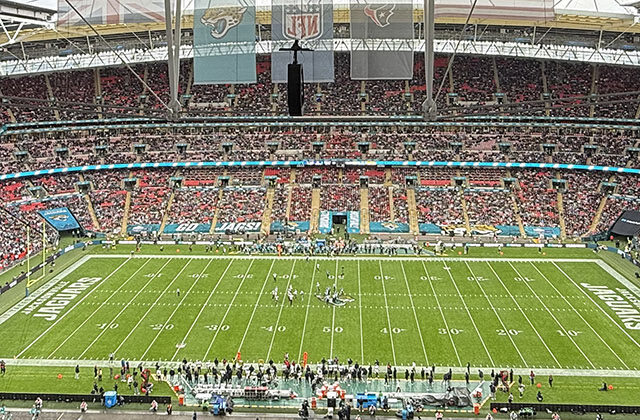 Panoramic view of the field at Wembley Stadium in London, England, during an NFL football game