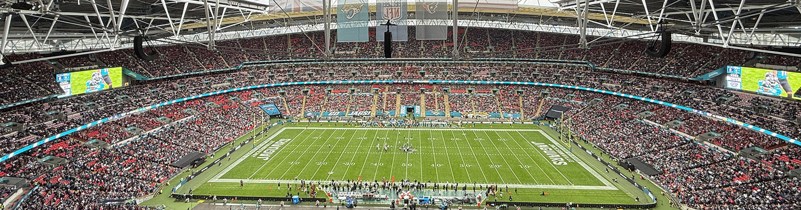 Panoramic view of the field at Wembley Stadium in London, England, during an NFL football game