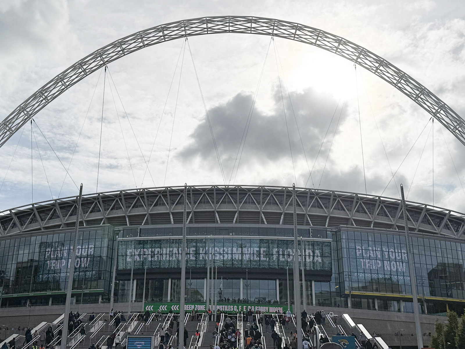 A distinctive arch stands above the structure of Wembley Stadium in London, England