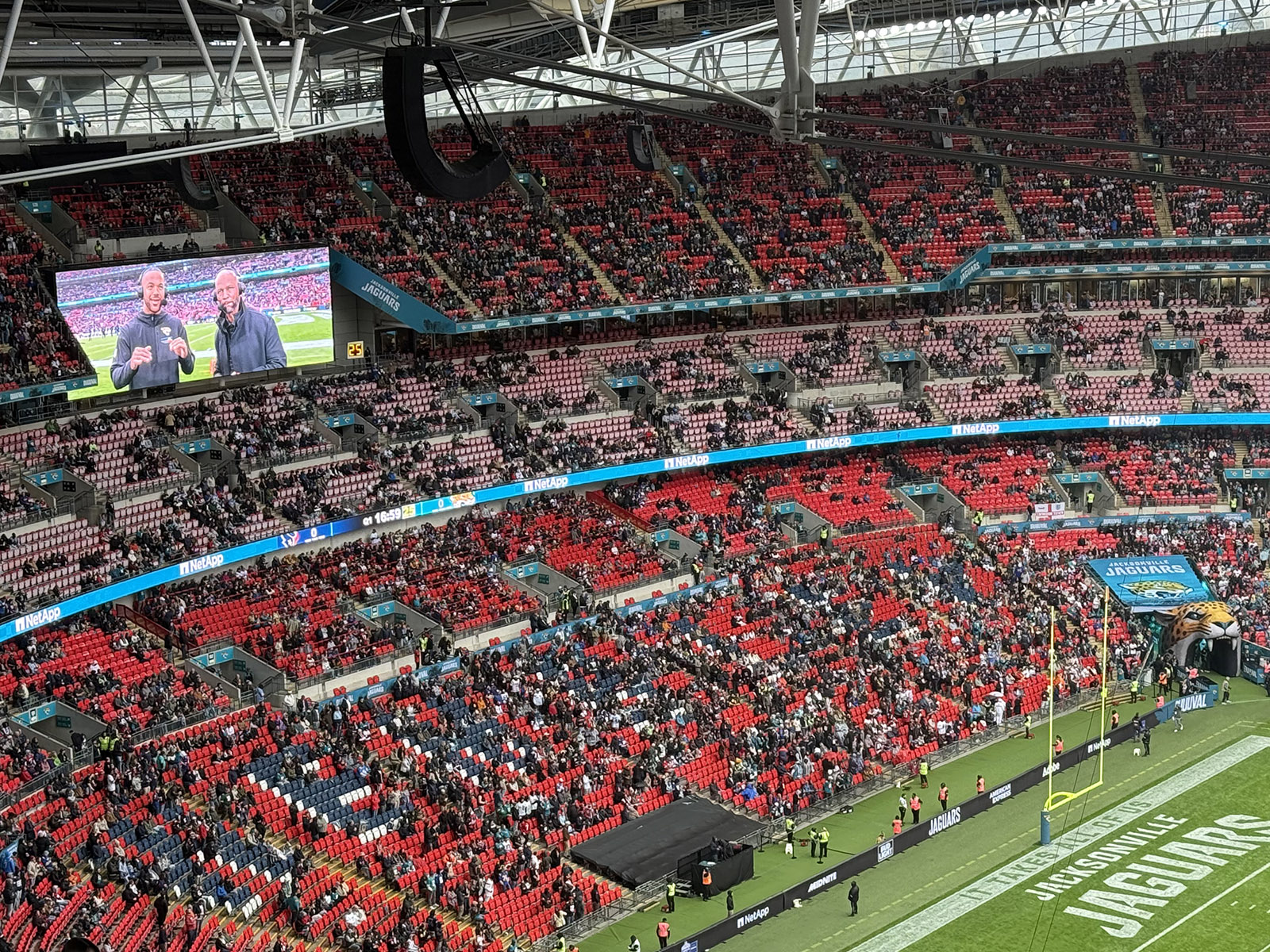 Fans begin to fill the seats at Wembley Stadium in London, England, before an NFL football game