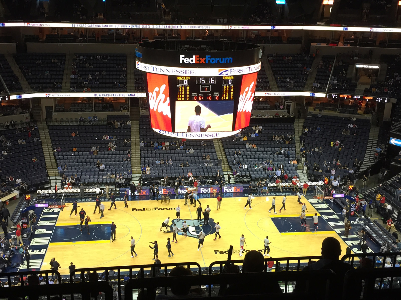 View of the court at FedExForum in Memphis, Tennessee, during a Grizzlies basketball game