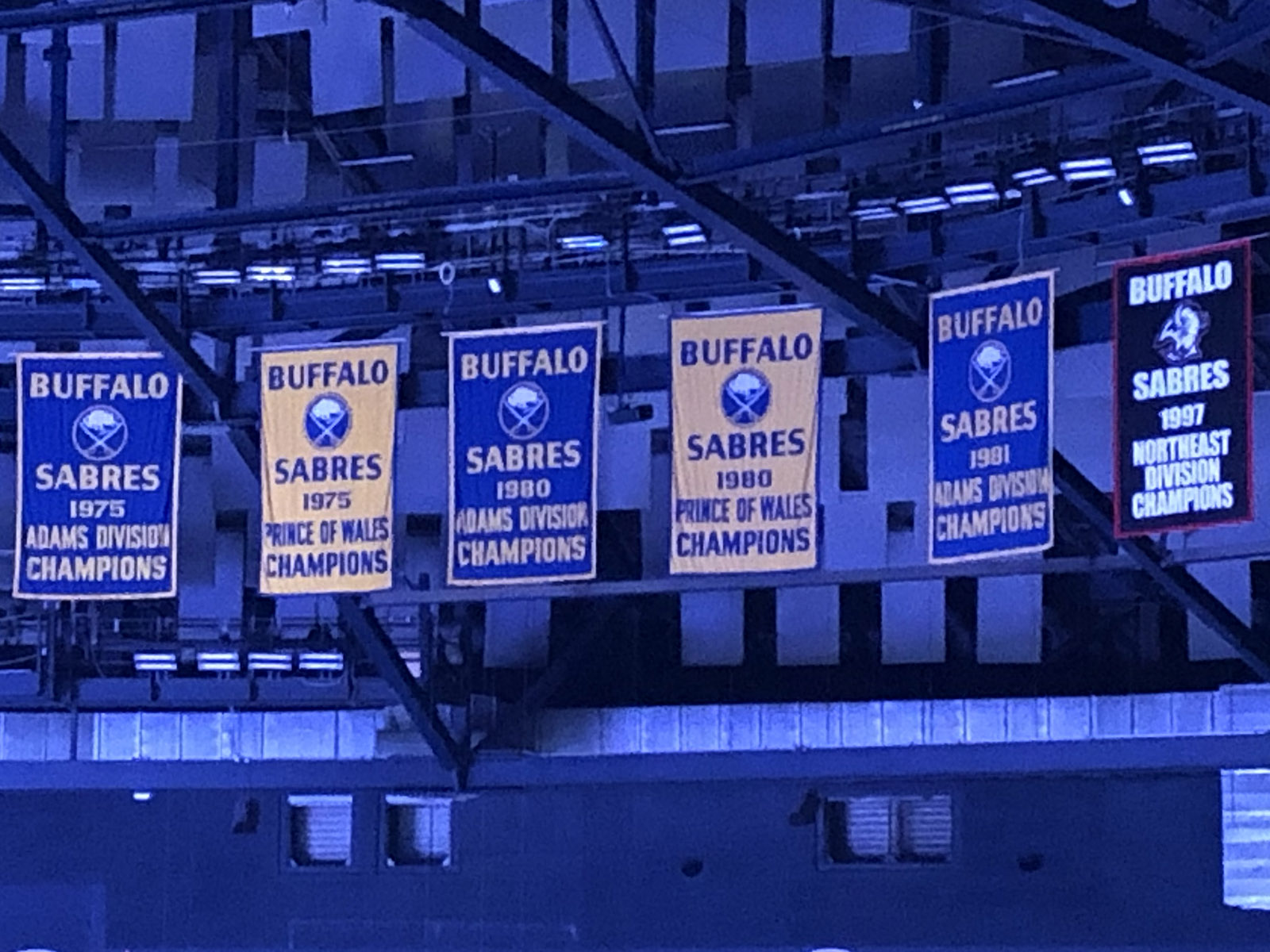 The Sabres' division title banners hang from the rafters at KeyBank Center in Buffalo, New York