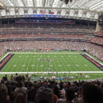 View of the seating bowl and field at Reliant Stadium in Houston, Texas, during a Texans football game