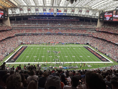 View of the seating bowl and field at Reliant Stadium in Houston, Texas, during a Texans football game