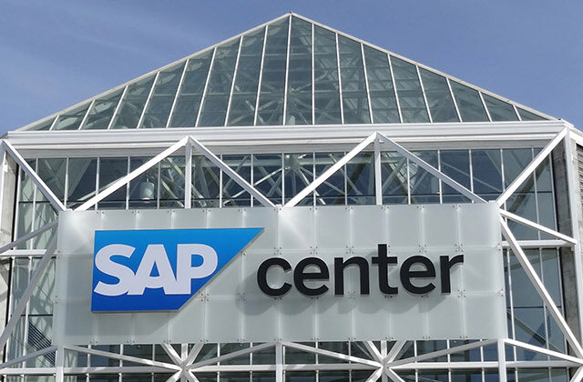 Panoramic view of the exterior of SAP Center in San Jose, California