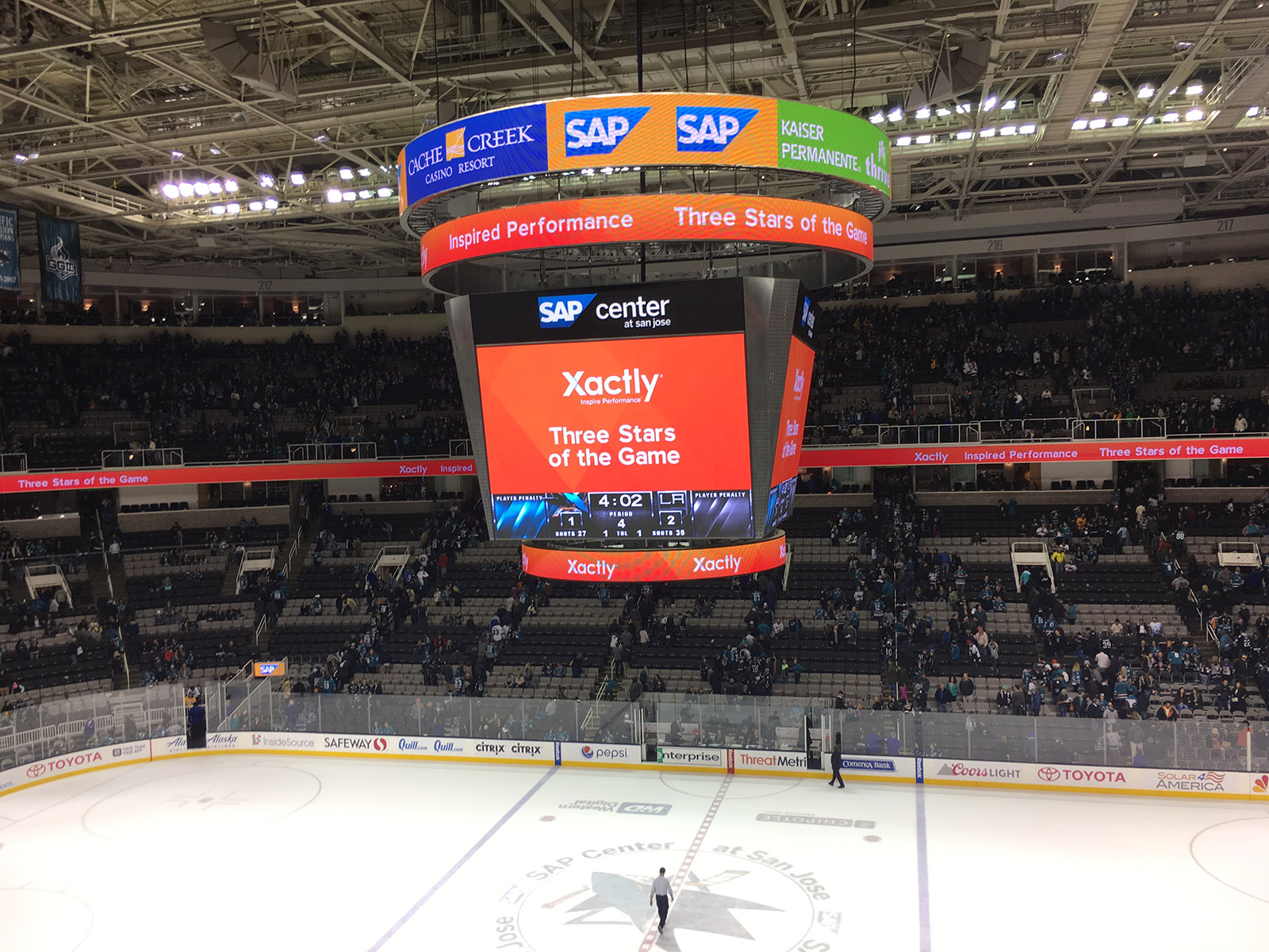 View of the videoboard at SAP Center in San Jose, California, at the conclusion of a Sharks hockey game