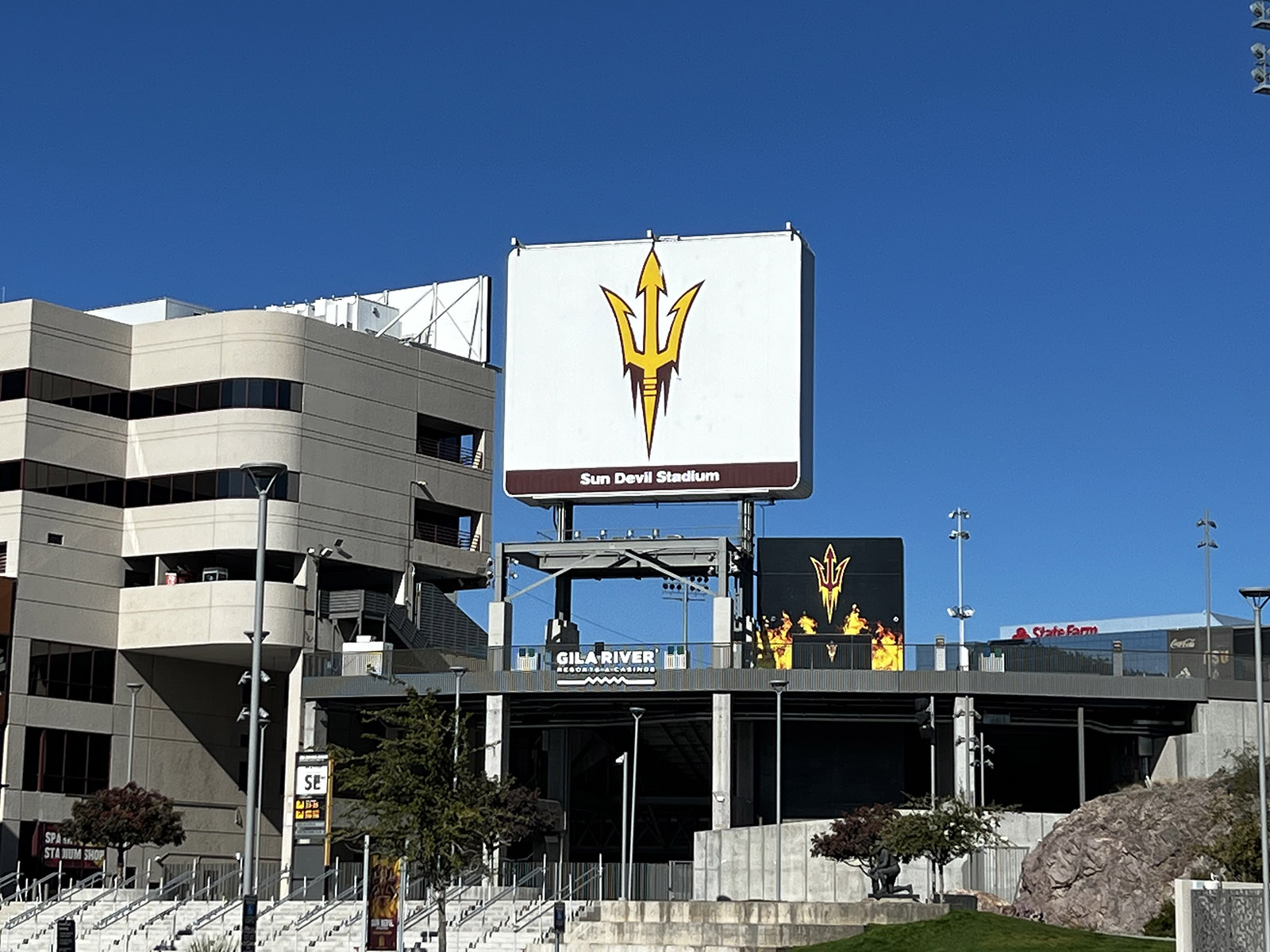 The Arizona State athletics logo is seen on the exterior to Sun Devil Stadium in Tempe, Arizona